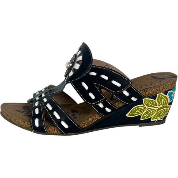 Elite by Corkys Scilly Leather Wedge Slide Sandals Black Floral Women's Size 11 - Picture 3 of 15